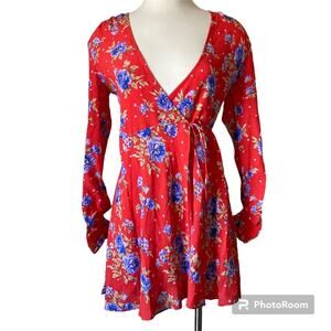 Zara NWT Orange Floral Wrap Dress Ruched Sleeves Mini Dress Size XS